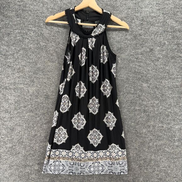 Three Pink Hearts Dress Women XS Black Geometric Shift Midi Sleeveless Lined - Picture 1 of 7